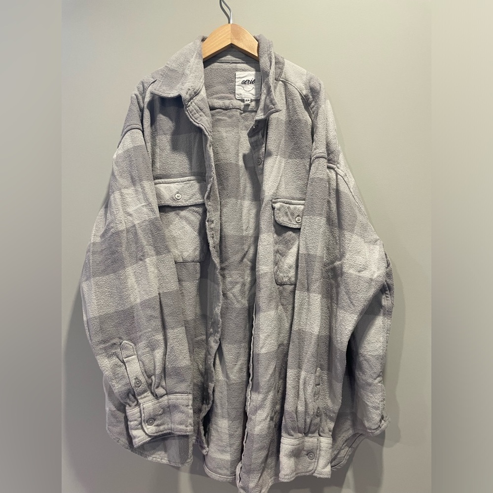 aerie Gray Plaid Button-Down Shirt Jacket